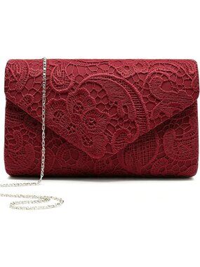 Women Burgundy Embroidered Lace Clutch Purse Envelope Imported Evening Handbags